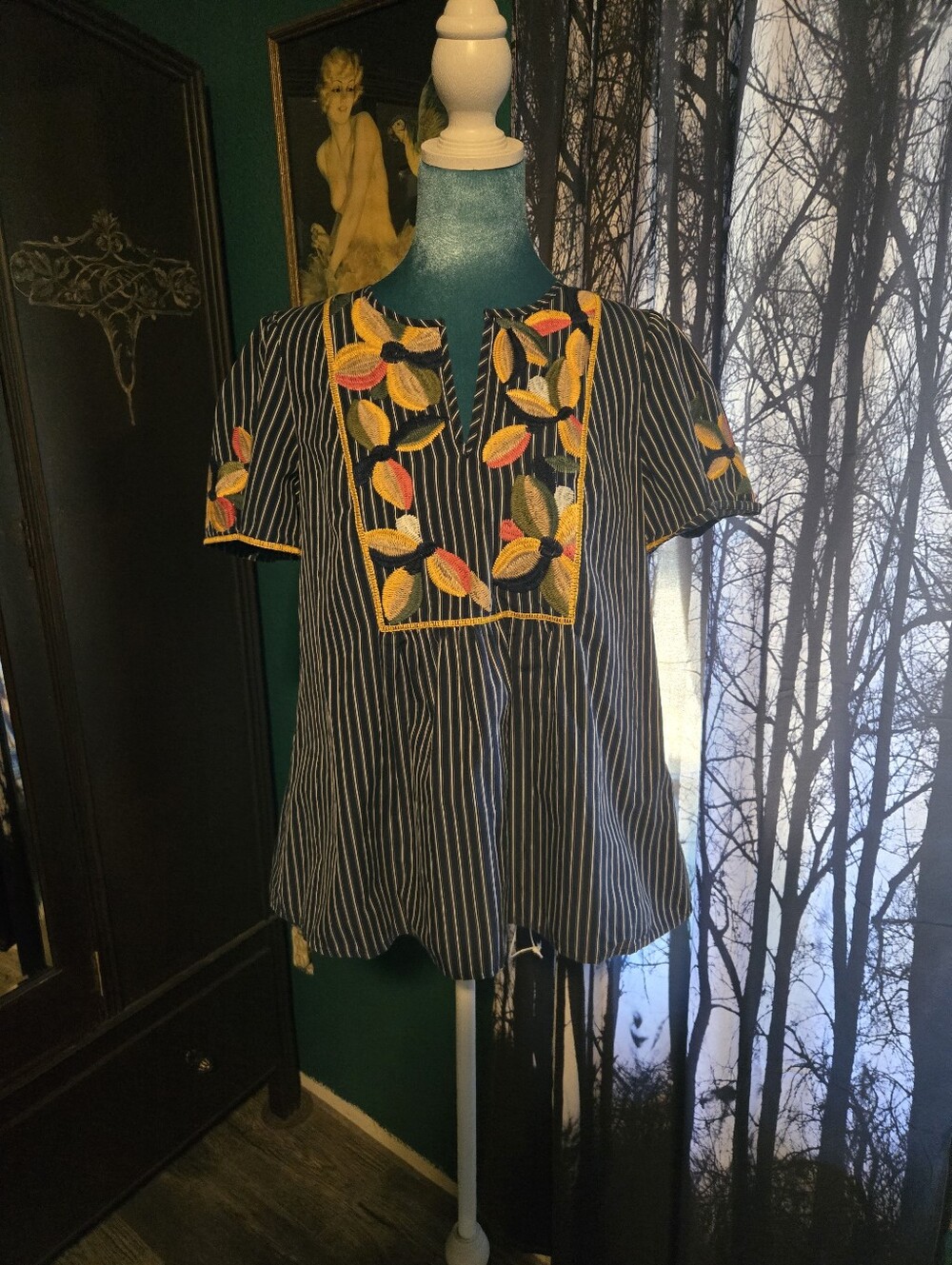 Navy Striped Embroidered Tunic Top - Navy with Yellow & Pink Embroidery